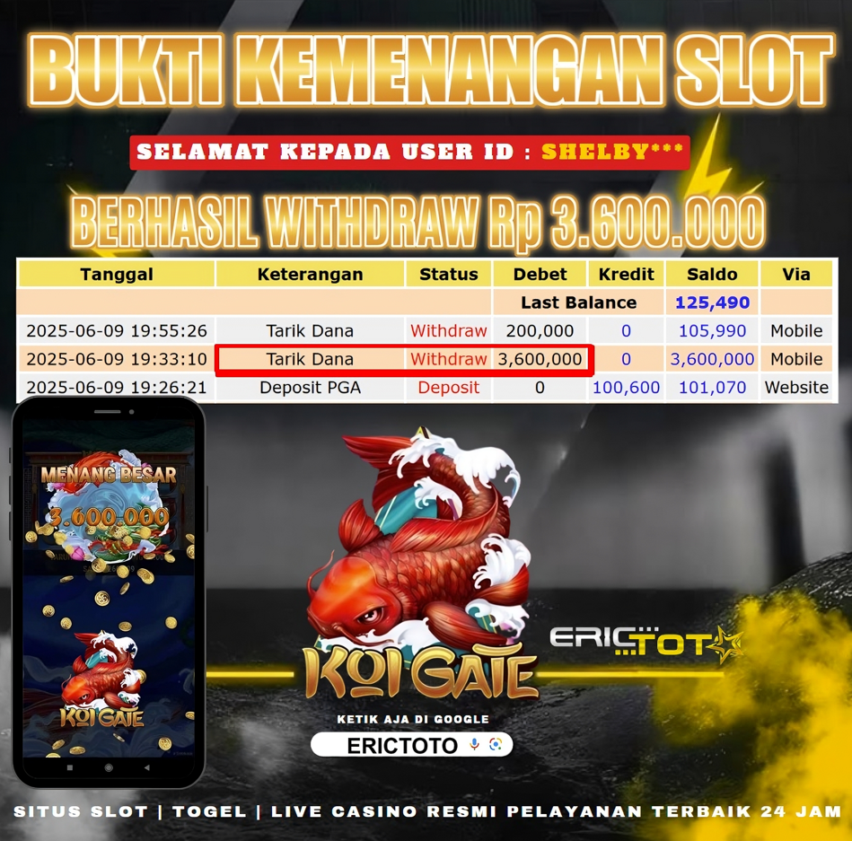 ERICTOTO JACKPOT SLOT GAME [KOI GATE] Rp.3.600.000.,- LUNAS