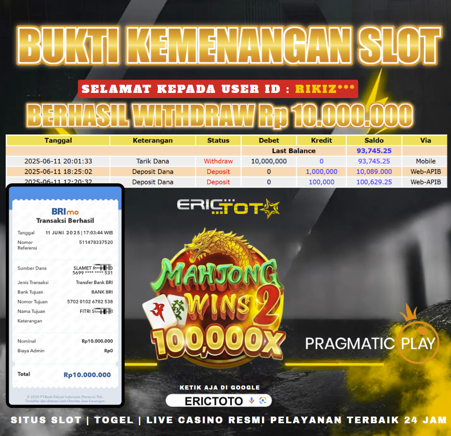 ERICTOTO JACKPOT SLOT [MAHJONG WINS 2] Rp.10.000.000- LUNAS