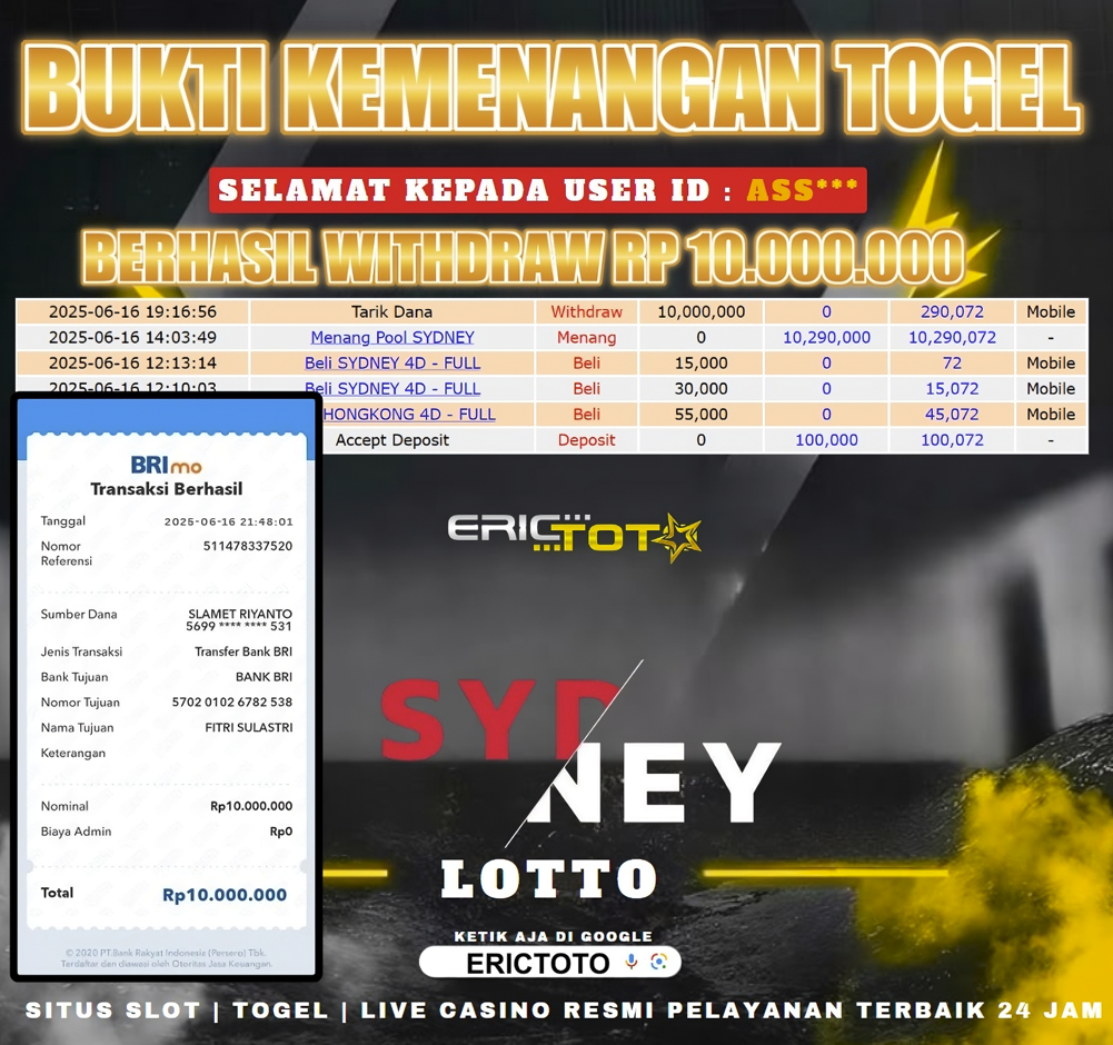 ERICTOTO JACKPOT TOGEL[SYDNEY LOTTO] Rp.10.000.000.,- LUNAS