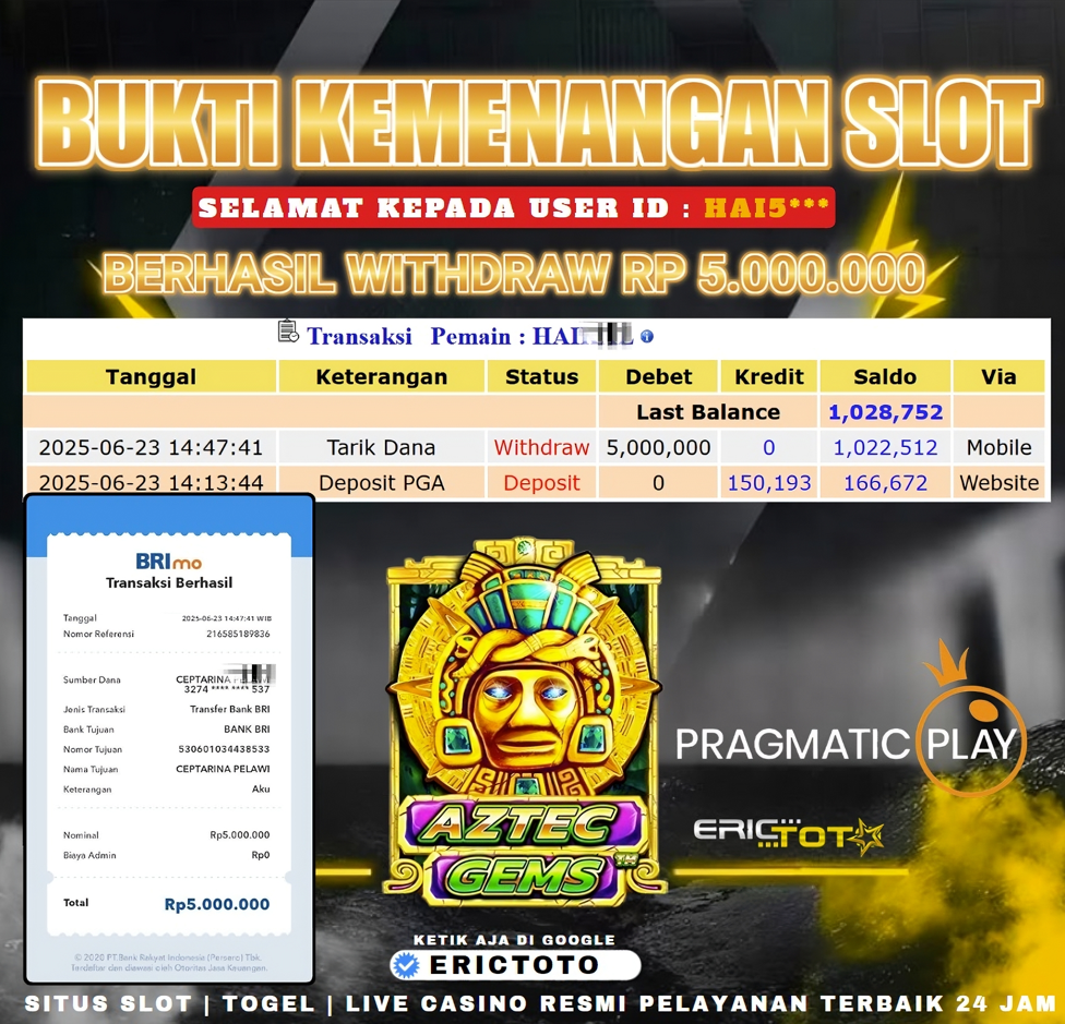 ERICTOTO JACKPOT SLOT [AZTEC GEMS] Rp.5,000,000- LUNAS