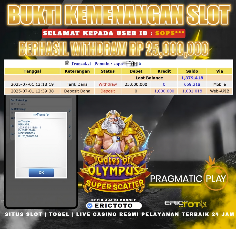 ERICTOTO JACKPOT SLOT [GATES OF OLYMPUS SUPER SCATTER] Rp.25,000,000- LUNAS