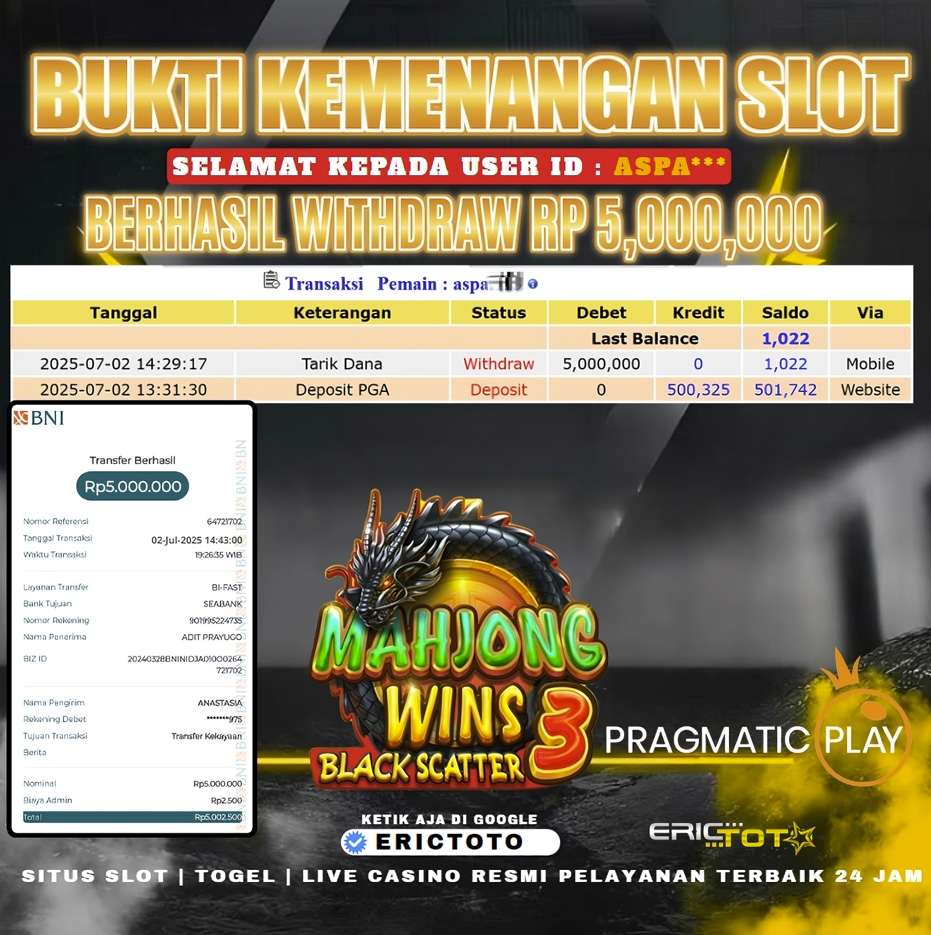 ERICTOTO JACKPOT SLOT [MAHJONG WINS 3] Rp.5,000,000- LUNAS