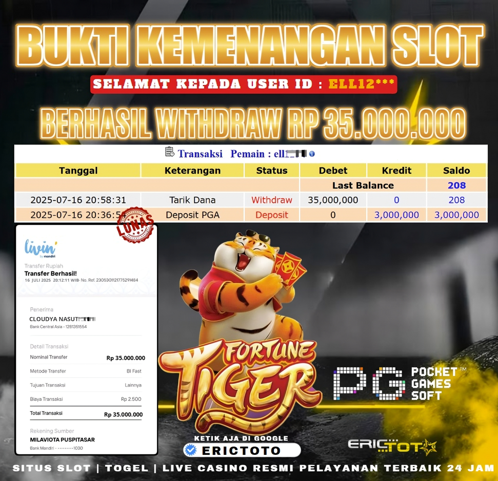 ERICTOTO JACKPOT SLOT [FORTUNE TIGER] JP Rp.35.000.000.,- LUNAS