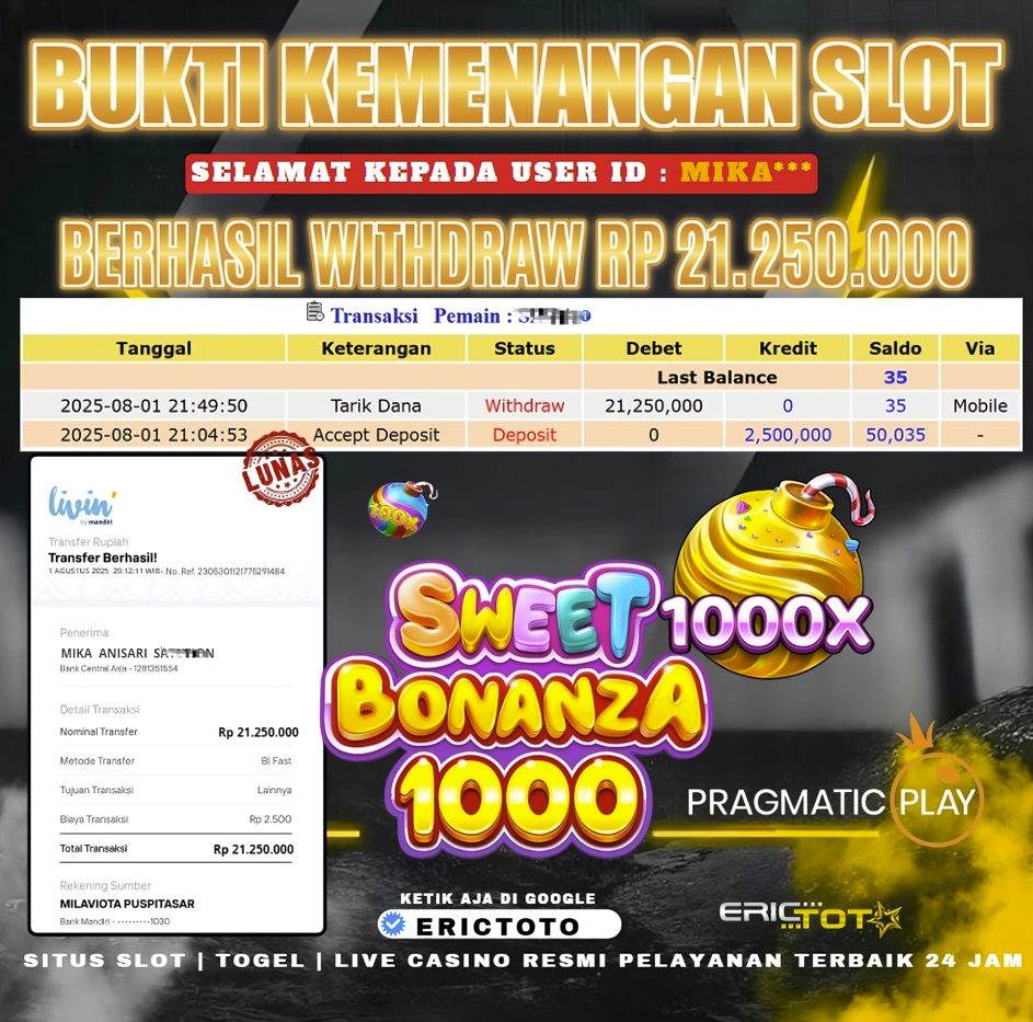ERICTOTO JACKPOT SLOT [SWEET BONANZA 1000] Rp.21.250.000.,- LUNAS