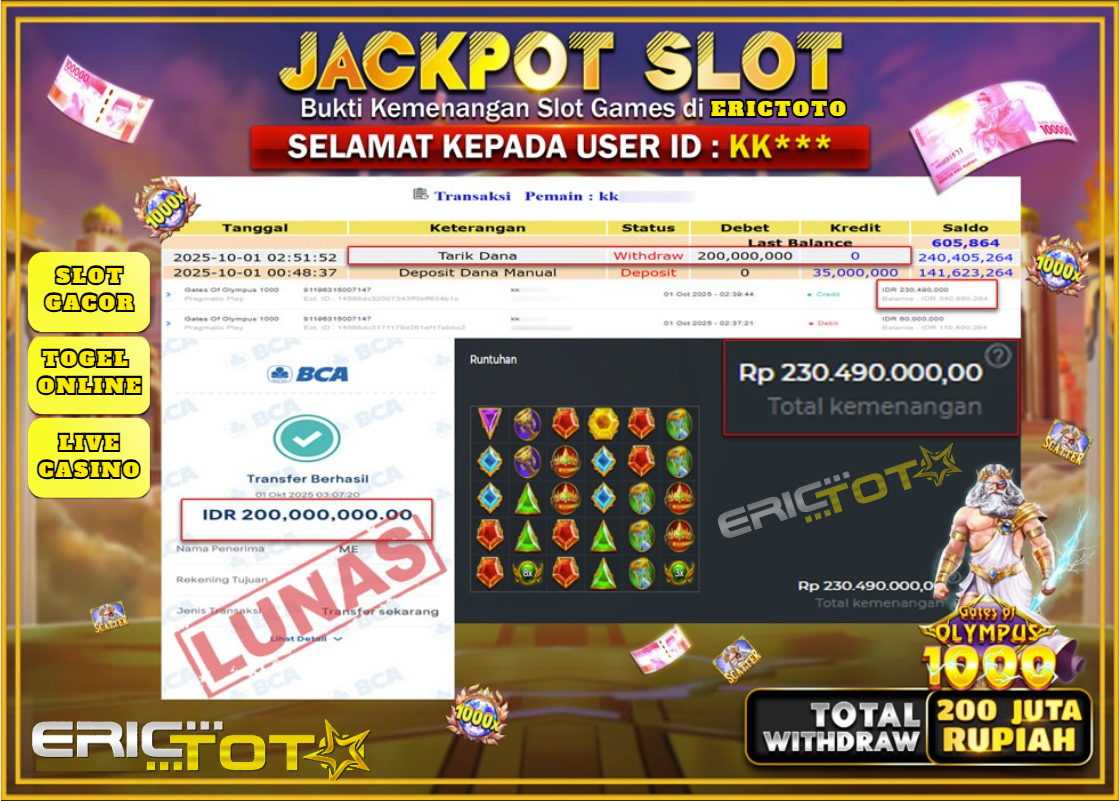 ERICTOTO JACKPOT SLOT [GATES OF OLYMPUS 1000] Rp.200.000.000.,- LUNAS