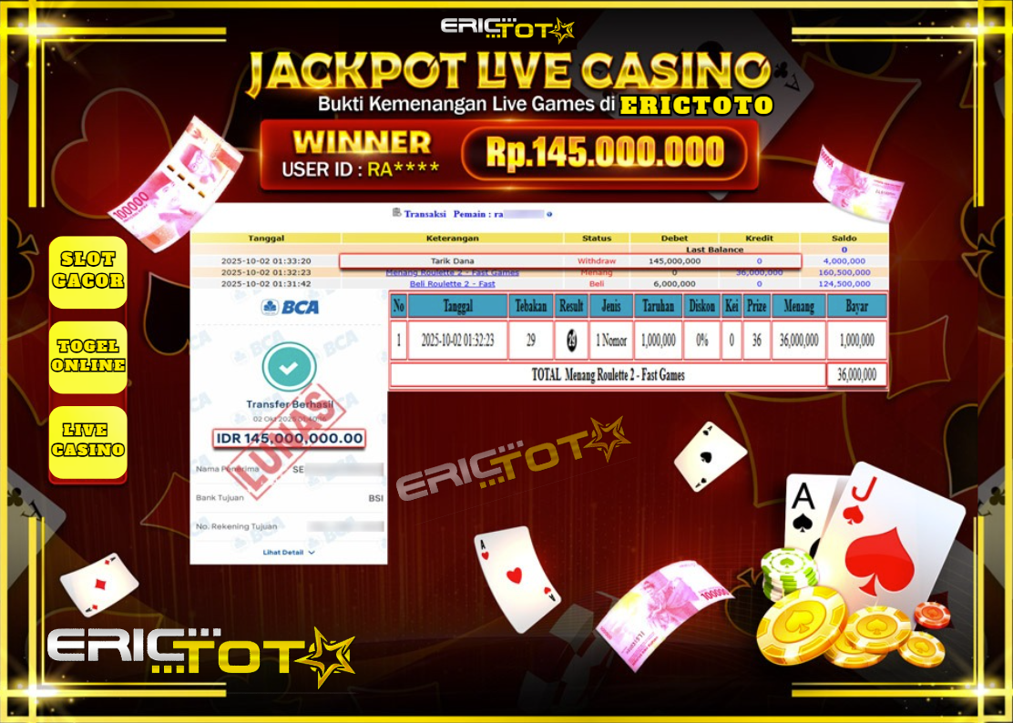 ERICTOTO JACKPOT LIVE GAMES ROULETTE 2 Rp.145.000.000,- LUNAS
