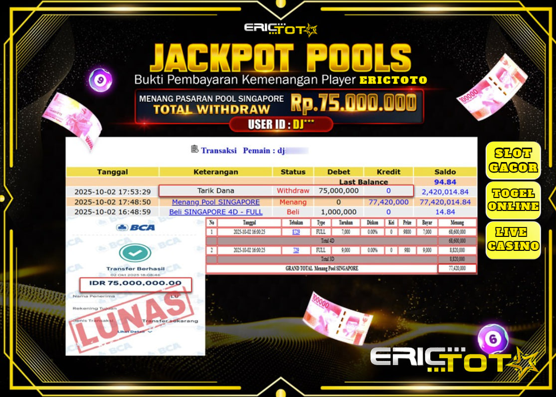ERICTOTO JACKPOT TOGEL PASARAN POOL SINGAPORE Rp.75.000.000,- LUNAS