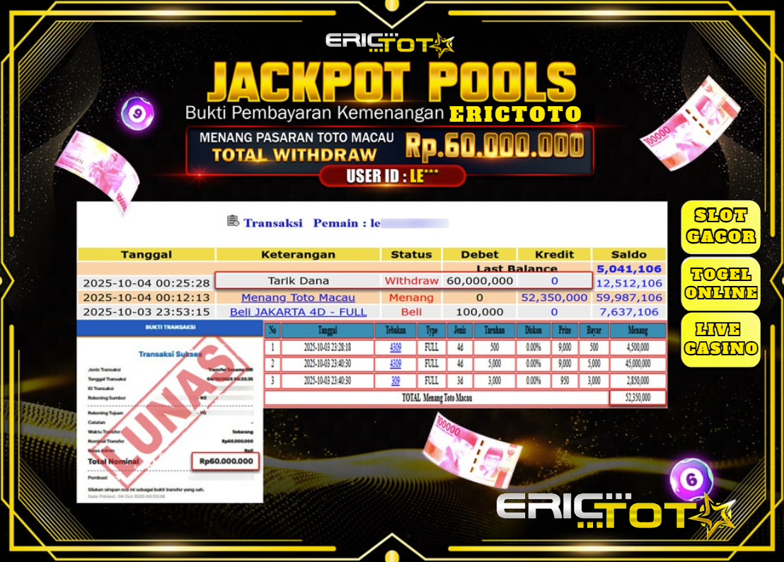 ERICTOTO JACKPOT TOGEL TOTO MACAU Rp.60.000.000.,- LUNAS