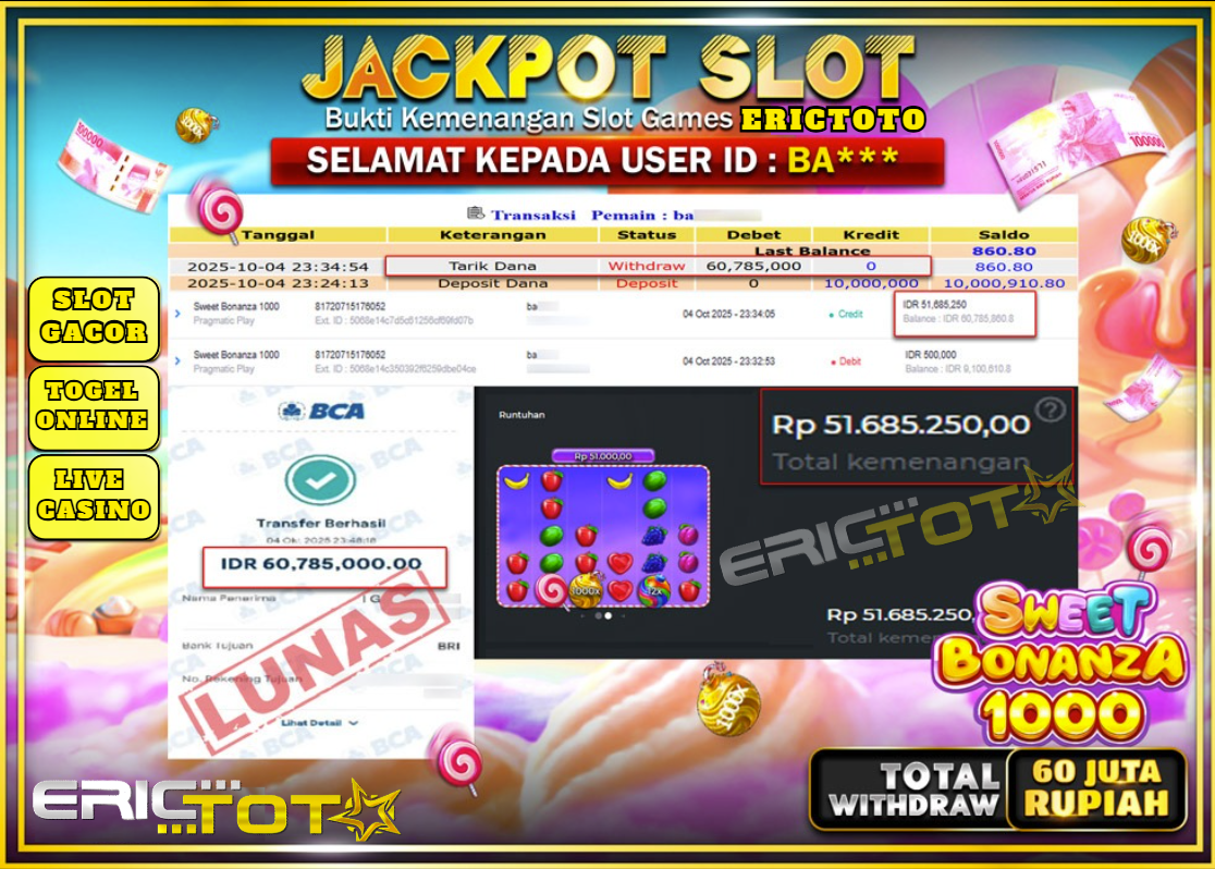 ERICTOTO JACKPOT SLOT SWEET BONANZA 1000 Rp.60.785.000,- LUNAS