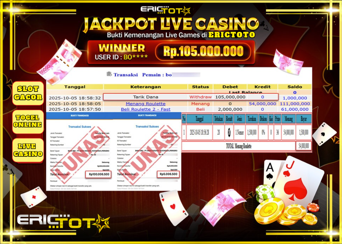 ERICTOTO JACKPOT LIVE GAMES ROULETTE GAMES Rp.105.000.000,- LUNAS