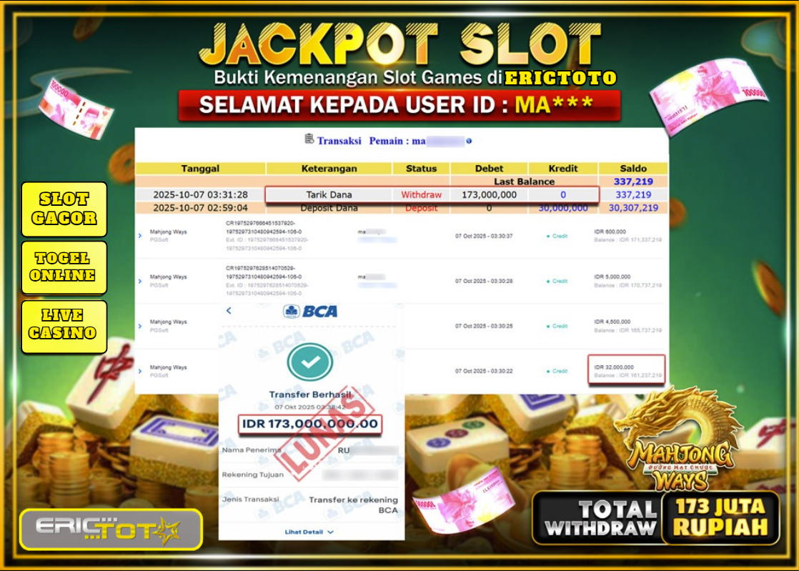 ERICTOTO JACKPOT SLOT MAHJONG WAYS Rp.173.000.000,- LUNAS