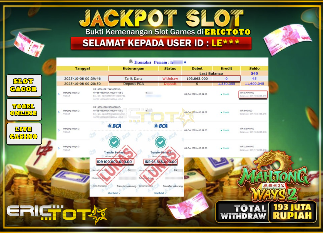 ERICTOTO JACKPOT SLOT MAHJONG WAYS 2 Rp.193.754.000,- LUNAS
