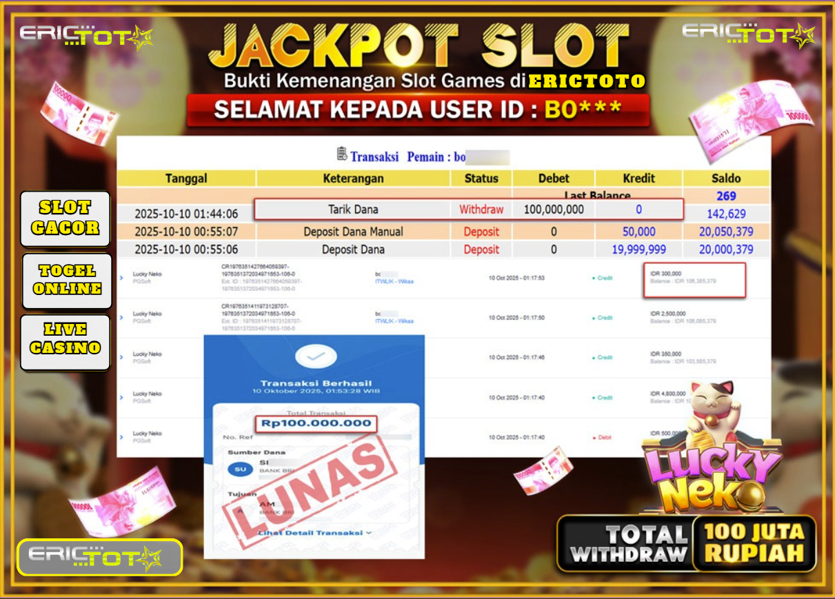 ERICTOTO JACKPOT SLOT LUCKY NEKO Rp.100.000.000.,- LUNAS
