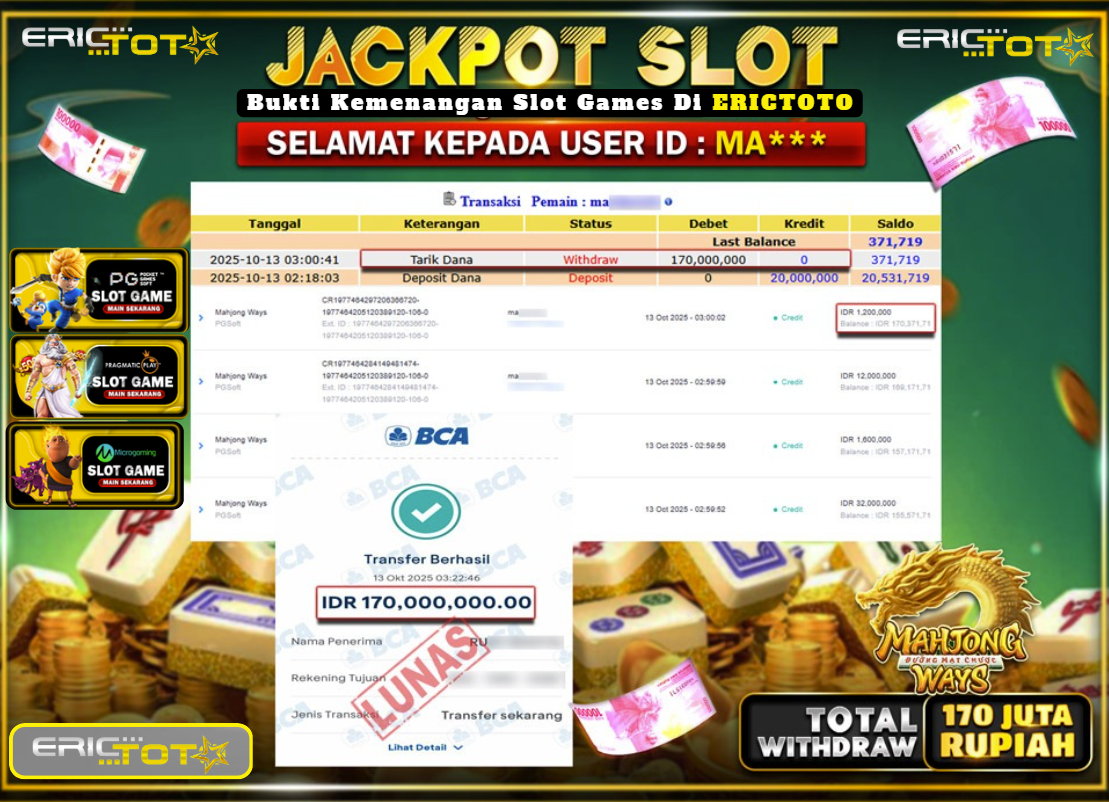 ERICTOTO JACKPOT SLOT MAHJONG WAYS Rp.100.000.000.,- LUNAS