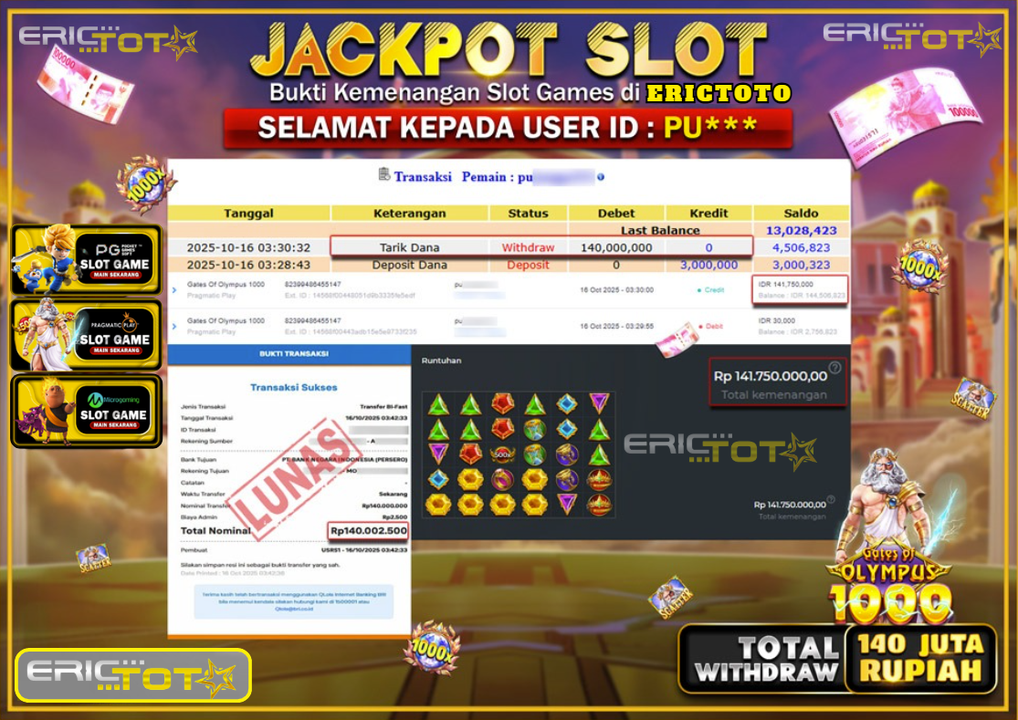 ERICTOTO JACKPOT SLOT GATES OLYMPUS 1000 Rp.140.000.000,- LUNAS