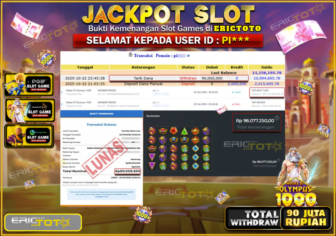 ERICTOTO JACKPOT SLOT GATES OF OLYMPUS 1000 Rp.90.000.000.,- LUNAS