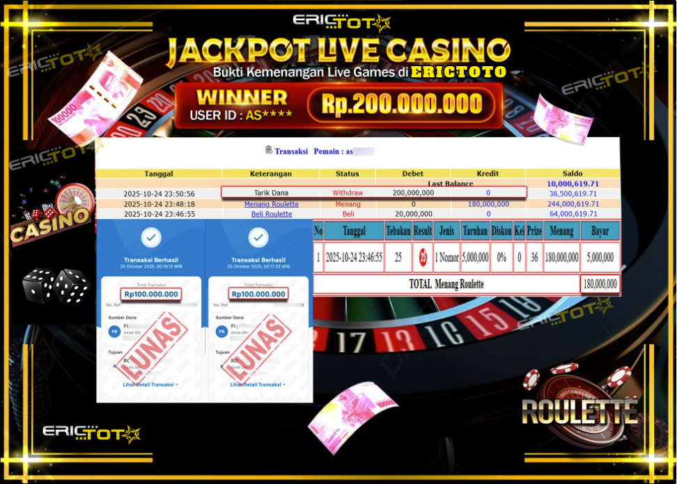 ERICTOTO JACKPOT LIVE GAMES ROULETTE Rp.200.000.000,- LUNAS