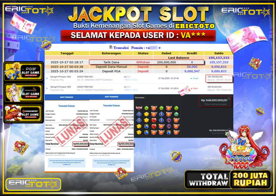 ERICTOTO JACKPOT SLOT STARLIGHT PRINCESS 1000 Rp.200.000.000,- LUNAS