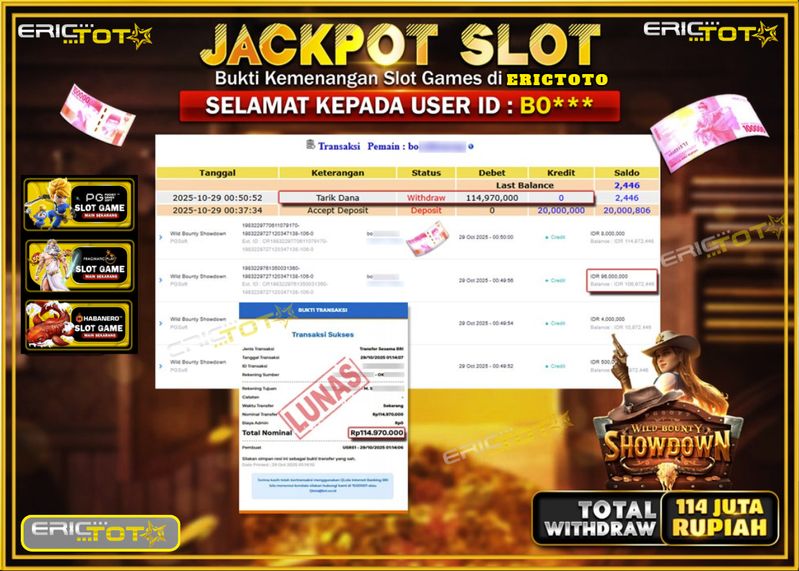 ERICTOTO JACKPOT SLOT WILD BOUNTY SHOWDOWN Rp.114.970.000.,- LUNAS