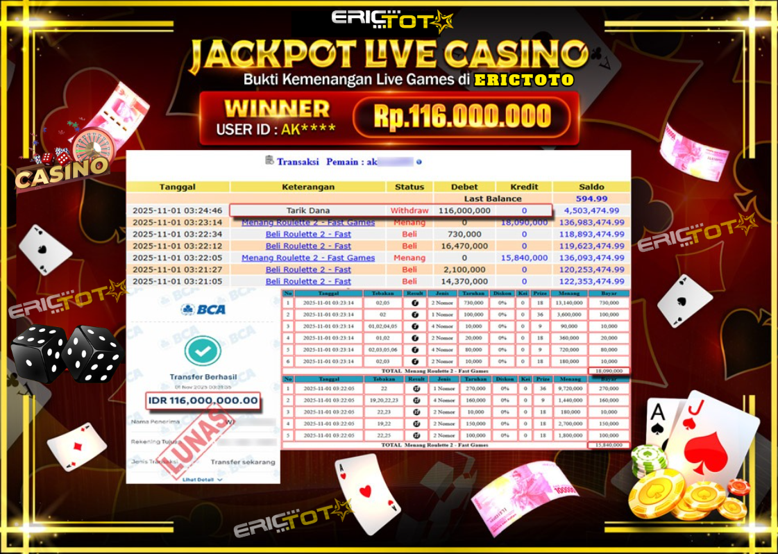 ERICTOTO JACKPOT LIVE GAMES ROULETTE 2 Rp.116.000.000.,- LUNAS