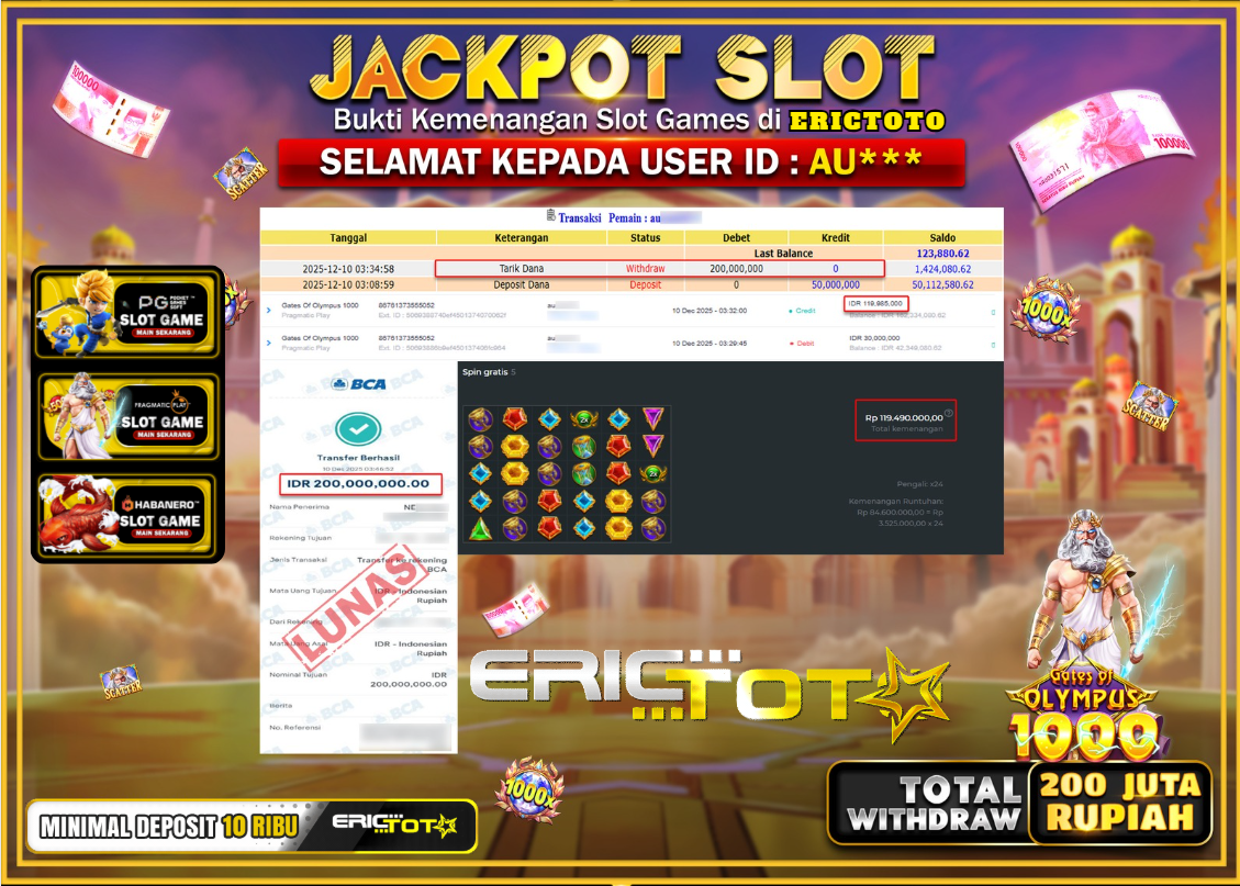 ERICTOTO JACKPOT SLOT GATE OF OLYMPUS 100 Rp.200.000.000,- LUNAS