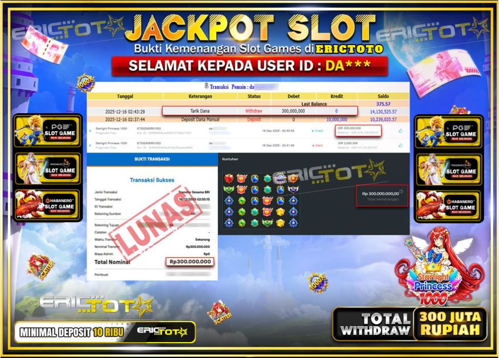 ERICTOTO JACKPOT SLOT STARLIGHT PRINCESS 1000 Rp.300.000.000,- LUNAS