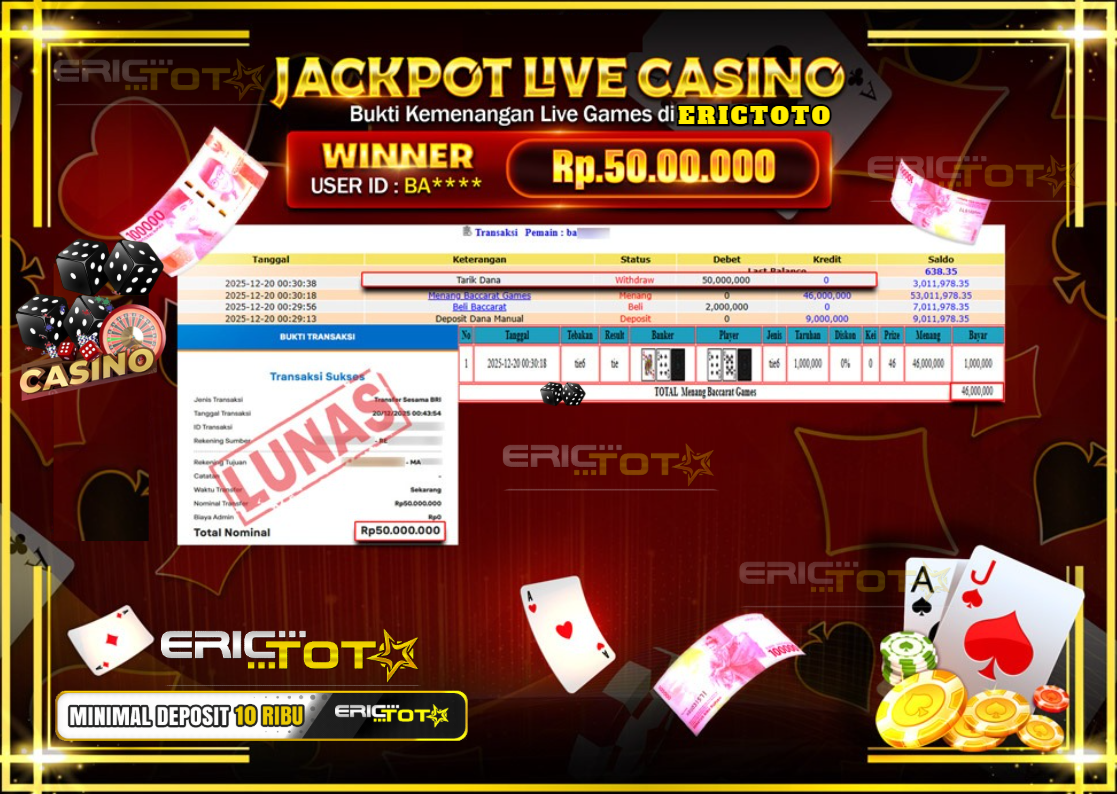 ERICTOTO JACKPOT LIVE GAME BACCARAT Rp.50.00.000,- LUNAS