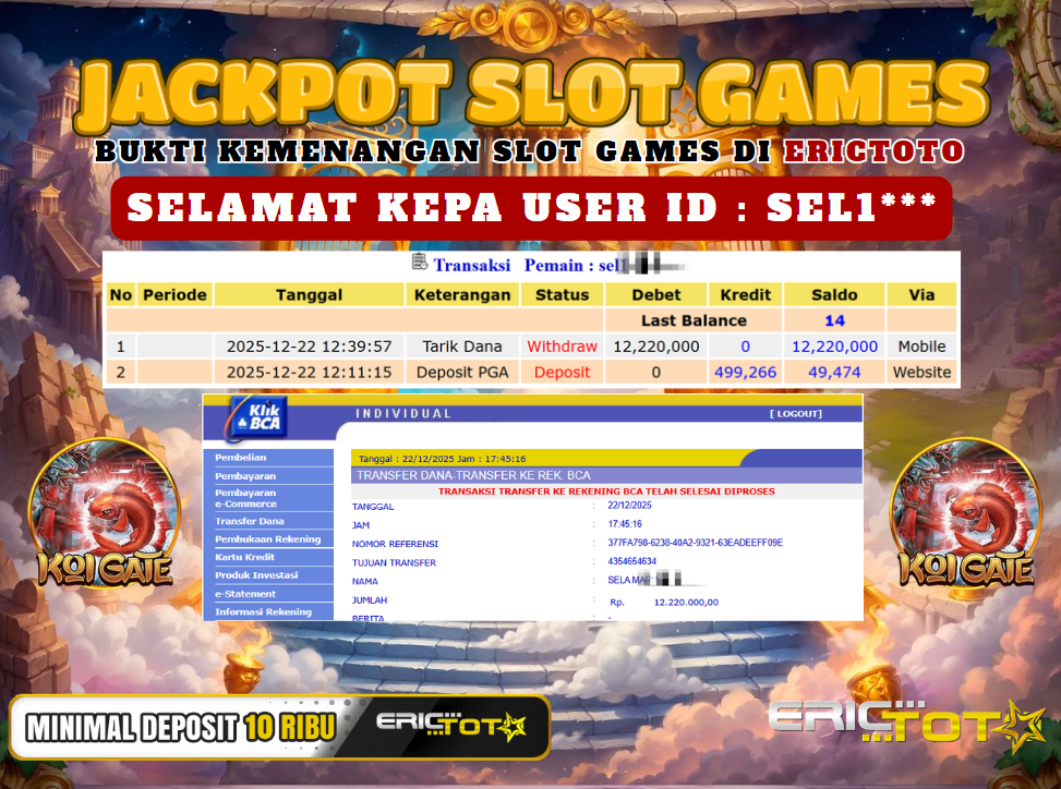 ERICTOTO JACKPOT SLOT KOI GATE 1000 Rp.12.220.000,- LUNAS