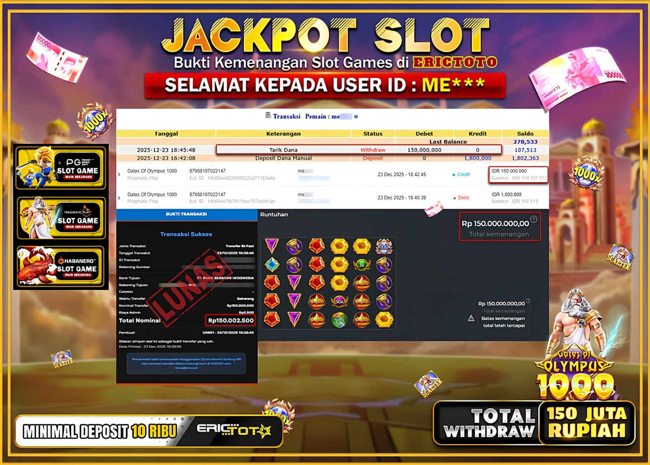 ERICTOTO JACKPOT SLOT GATES OF OLYMPUS 1000 Rp.150.000.000,- LUNAS