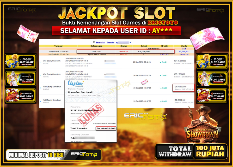 ERICTOTO JACKPOT SLOT WILD BOUNTY SHOWDOWN Rp.100.000.000,- LUNAS