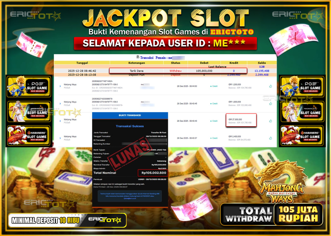 ERICTOTO JACKPOT SLOT MAHJONG WAYS Rp.105.000.000,- LUNAS