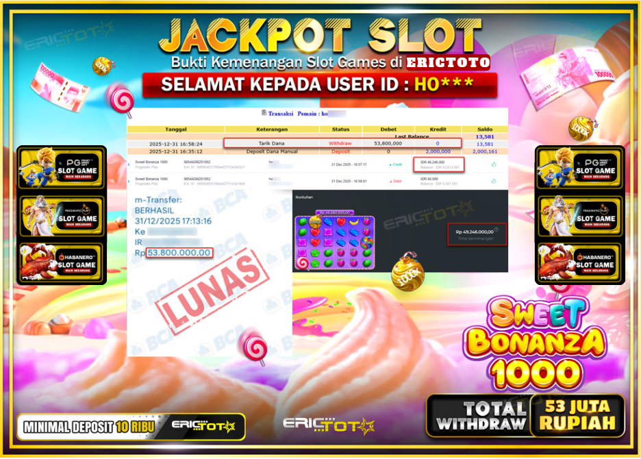ERICTOTO JACKPOT SLOT SWEET BONANZA 1000 Rp.53.800.000,- LUNAS