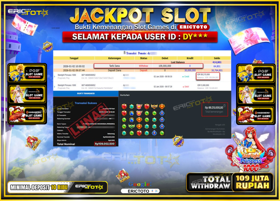 ERICTOTO JACKPOT SLOT STARLIGHT PRINCESS 1000 Rp.109.000.000,- LUNAS
