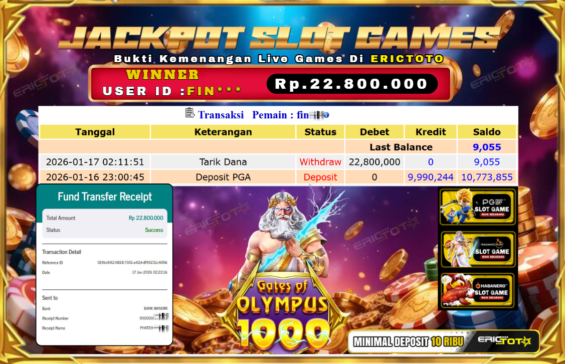 ERICTOTO JACKPOT SLOT GATES OF OLYMPUS 1000 Rp. 22.800.000,- LUNAS