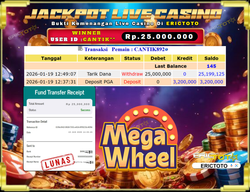 ERICTOTO JACKPOT LIVE CASINO MEGA WHEEL Rp.25.000.000,- LUNAS