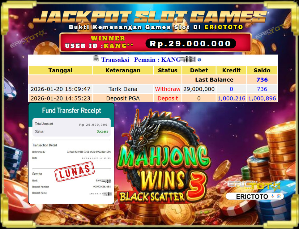 ERICTOTO JACKPOT SLOT [MAHJONG WINS 3] Rp.29.000.000.,- LUNAS