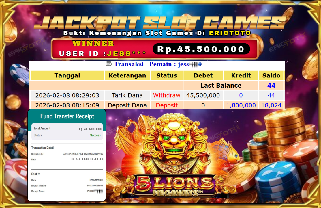 ERICTOTO JACKPOT SLOT [5 LIONS MEGAWAYS] Rp.45.500.000.,- LUNAS